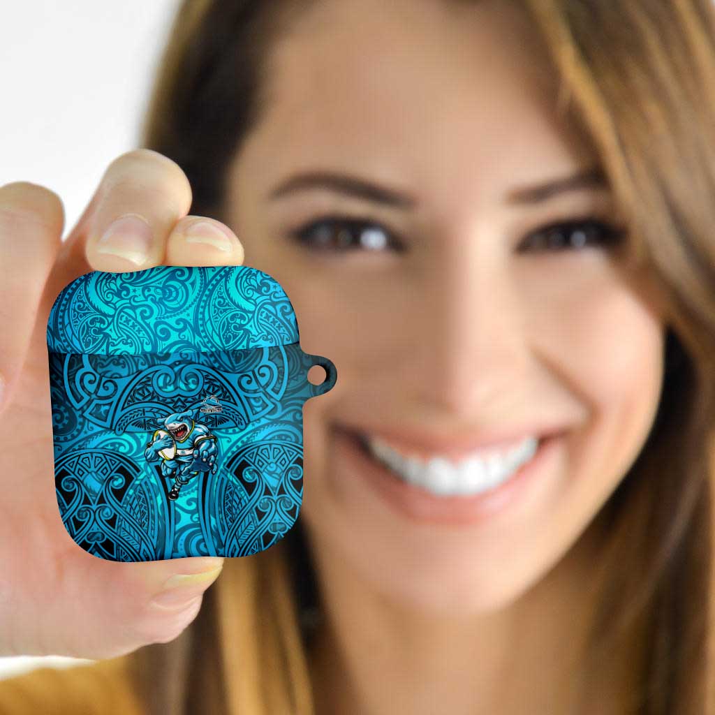 Cronulla Sutherland Sharks Rugby AirPods Case Polynesian Tribal Shark Warrior Ocean Blue Pattern