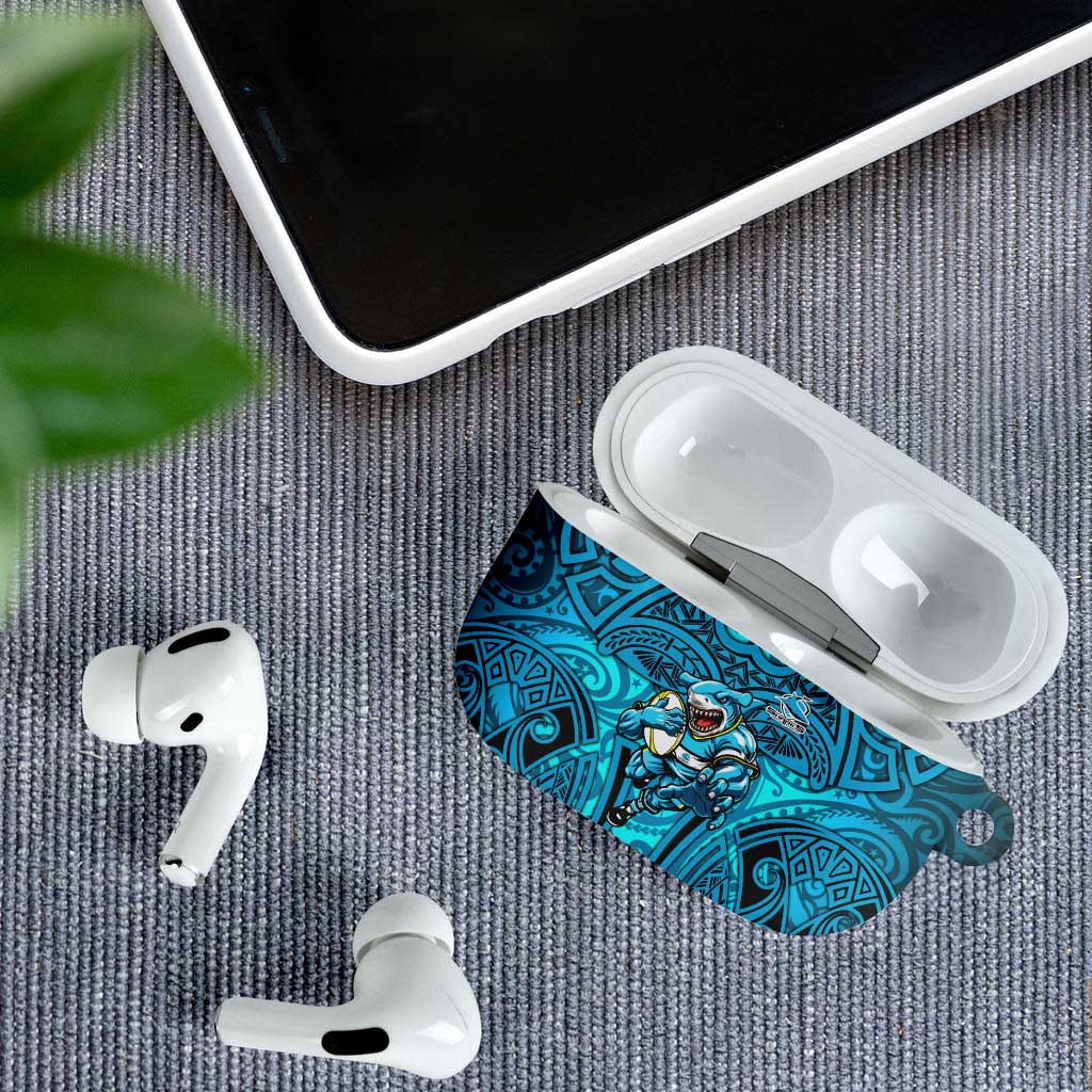 Cronulla Sutherland Sharks Rugby AirPods Case Polynesian Tribal Shark Warrior Ocean Blue Pattern