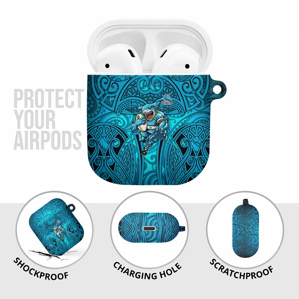 Cronulla Sutherland Sharks Rugby AirPods Case Polynesian Tribal Shark Warrior Ocean Blue Pattern