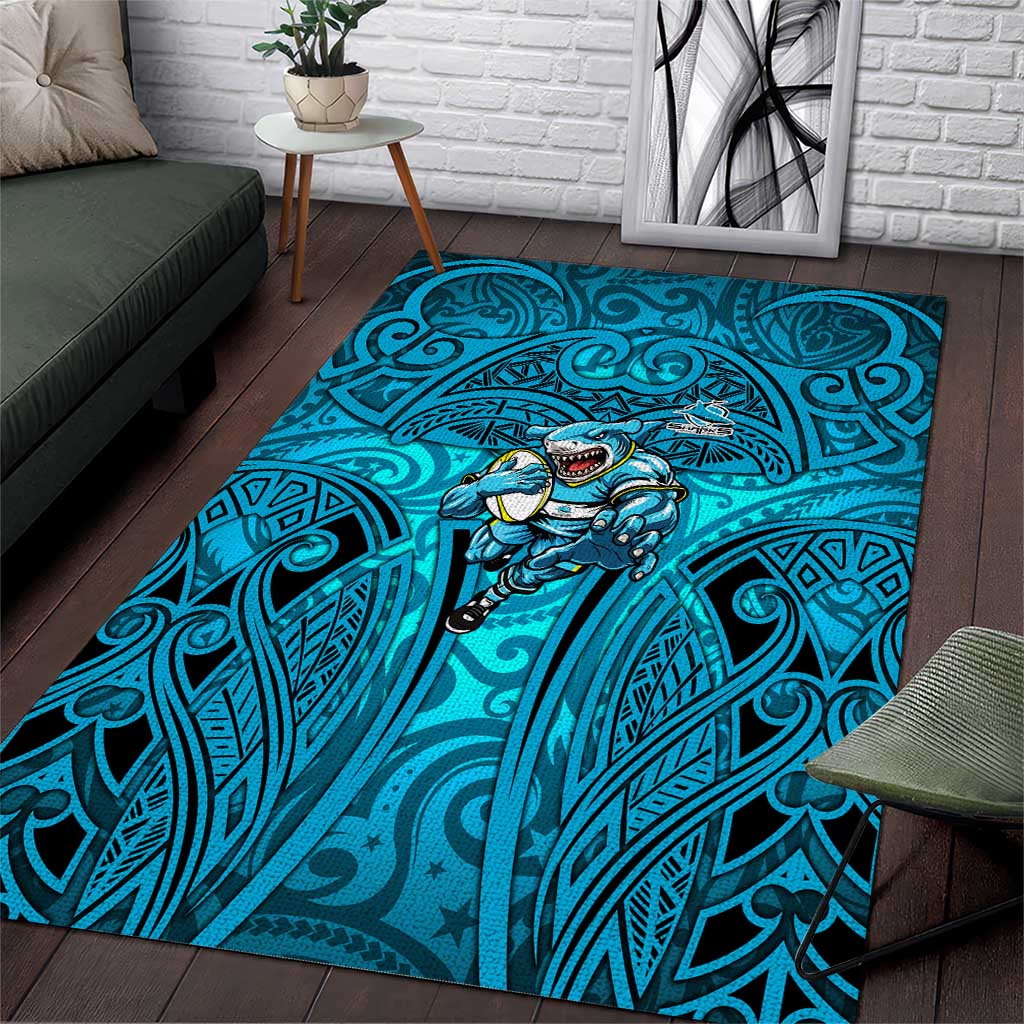 Cronulla Sutherland Sharks Rugby Area Rug Polynesian Tribal Shark Warrior Ocean Blue Pattern