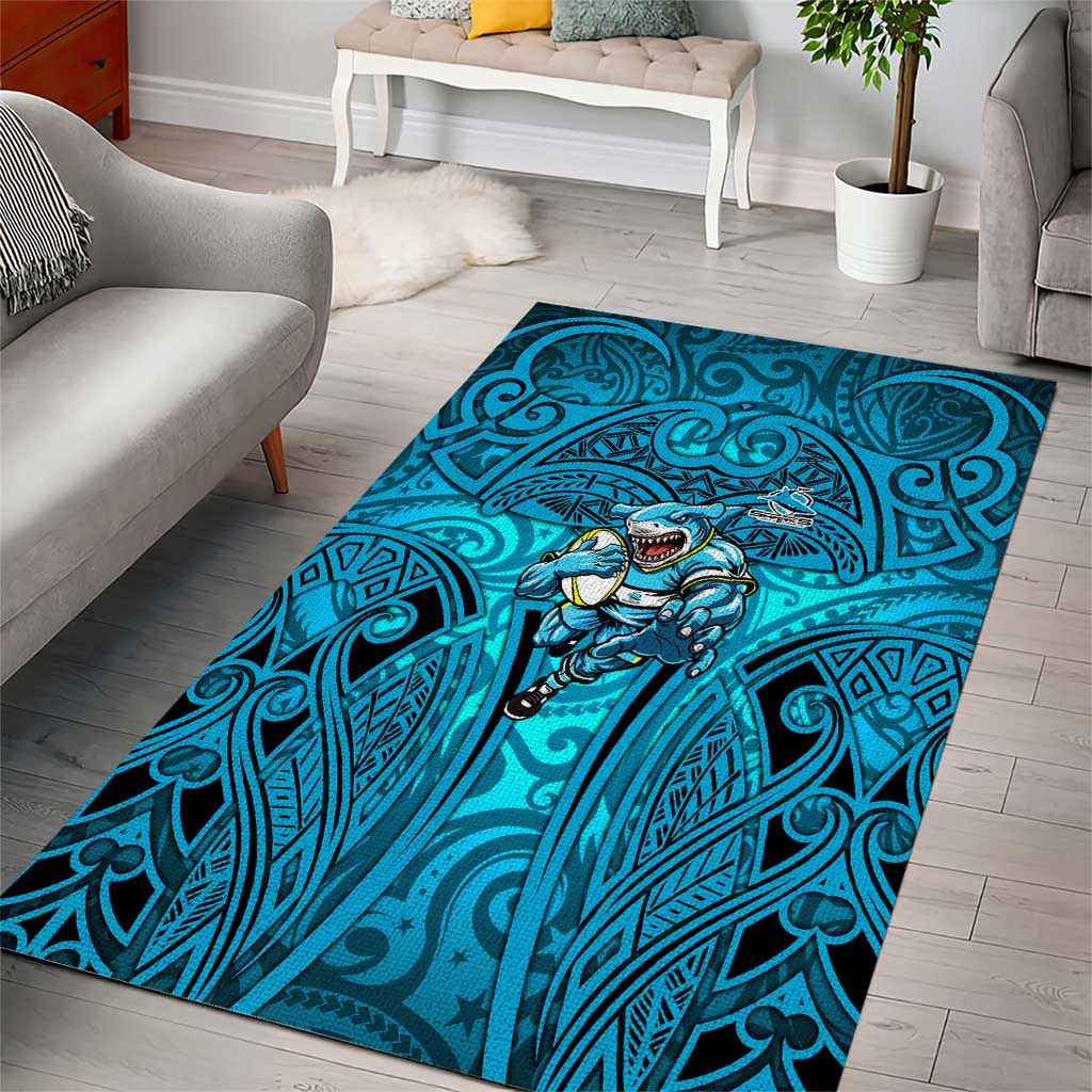 Cronulla Sutherland Sharks Rugby Area Rug Polynesian Tribal Shark Warrior Ocean Blue Pattern