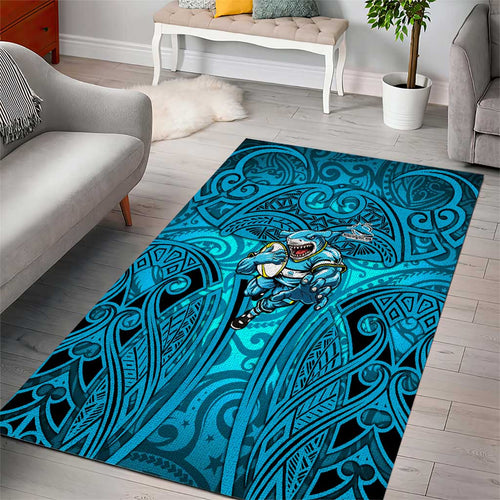 Cronulla Sutherland Sharks Rugby Area Rug Polynesian Tribal Shark Warrior Ocean Blue Pattern