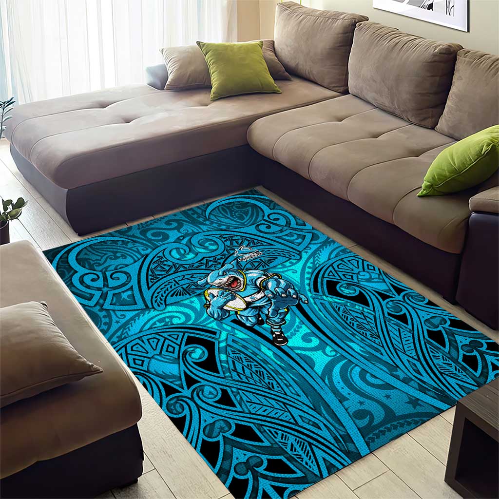 Cronulla Sutherland Sharks Rugby Area Rug Polynesian Tribal Shark Warrior Ocean Blue Pattern