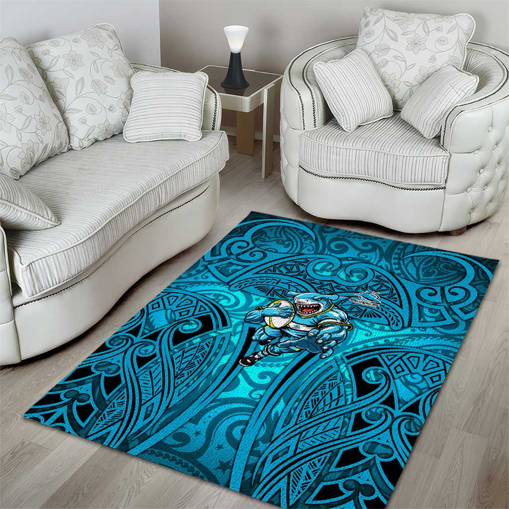 Cronulla Sutherland Sharks Rugby Area Rug Polynesian Tribal Shark Warrior Ocean Blue Pattern