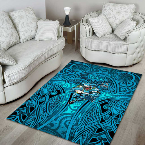 Cronulla Sutherland Sharks Rugby Area Rug Polynesian Tribal Shark Warrior Ocean Blue Pattern