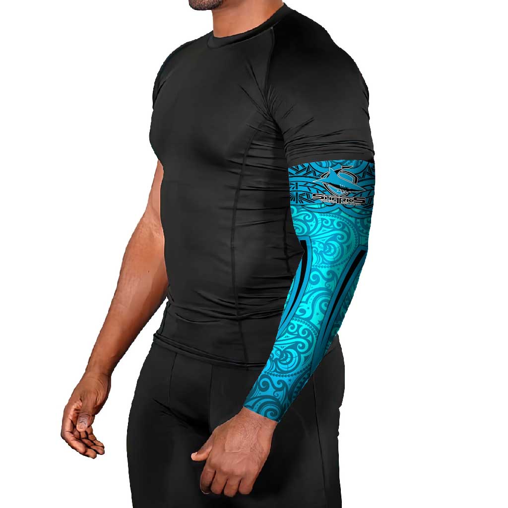 Cronulla Sutherland Sharks Rugby Arm Sleeves Polynesian Tribal Shark Warrior Ocean Blue Pattern