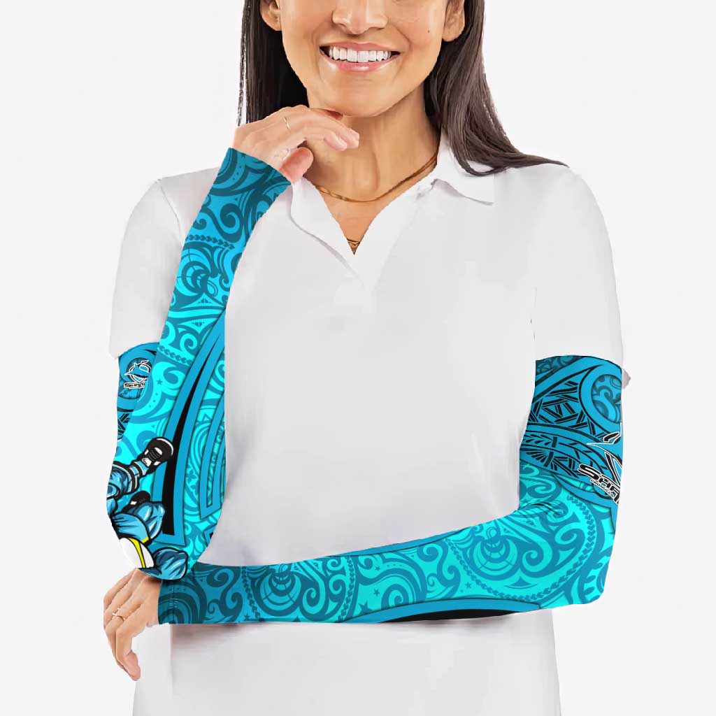 Cronulla Sutherland Sharks Rugby Arm Sleeves Polynesian Tribal Shark Warrior Ocean Blue Pattern
