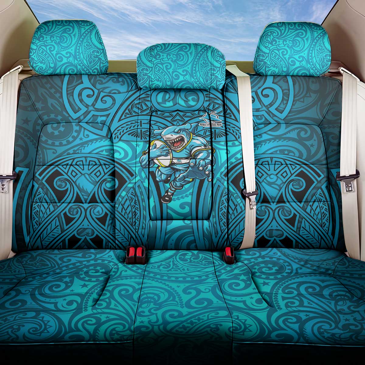 Cronulla Sutherland Sharks Rugby Back Car Seat Cover Polynesian Tribal Shark Warrior Ocean Blue Pattern