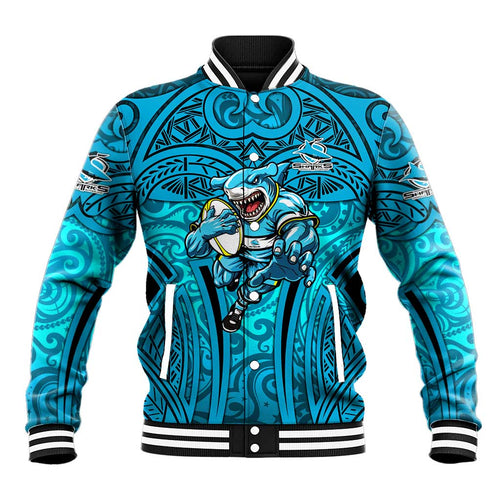 Cronulla Sutherland Sharks Rugby Baseball Jacket Polynesian Tribal Shark Warrior Ocean Blue Pattern