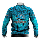 Cronulla Sutherland Sharks Rugby Baseball Jacket Polynesian Tribal Shark Warrior Ocean Blue Pattern