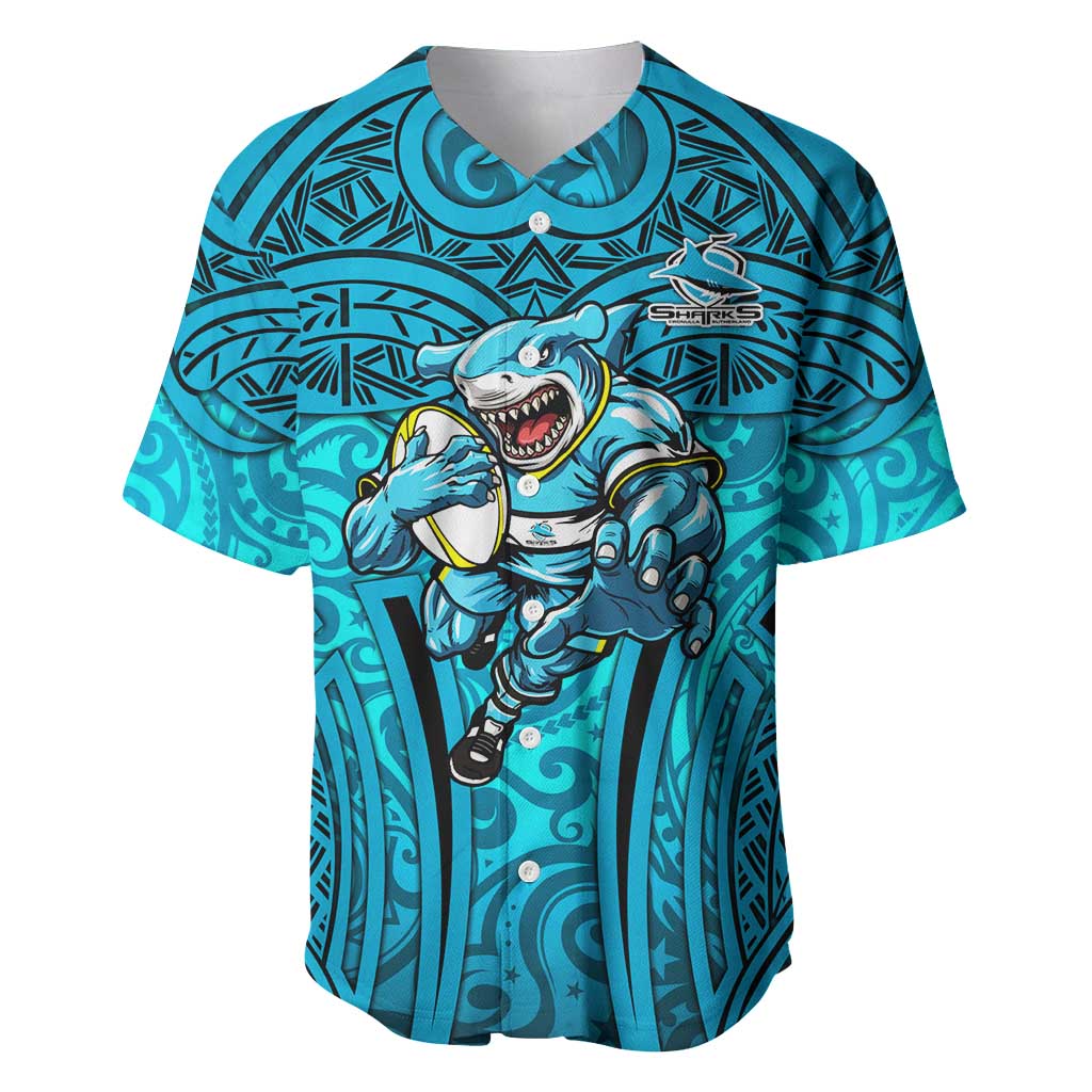 Cronulla Sutherland Sharks Rugby Baseball Jersey Polynesian Tribal Shark Warrior Ocean Blue Pattern