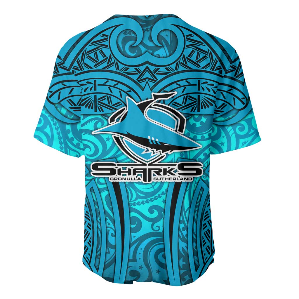 Cronulla Sutherland Sharks Rugby Baseball Jersey Polynesian Tribal Shark Warrior Ocean Blue Pattern