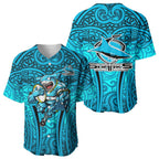 Cronulla Sutherland Sharks Rugby Baseball Jersey Polynesian Tribal Shark Warrior Ocean Blue Pattern