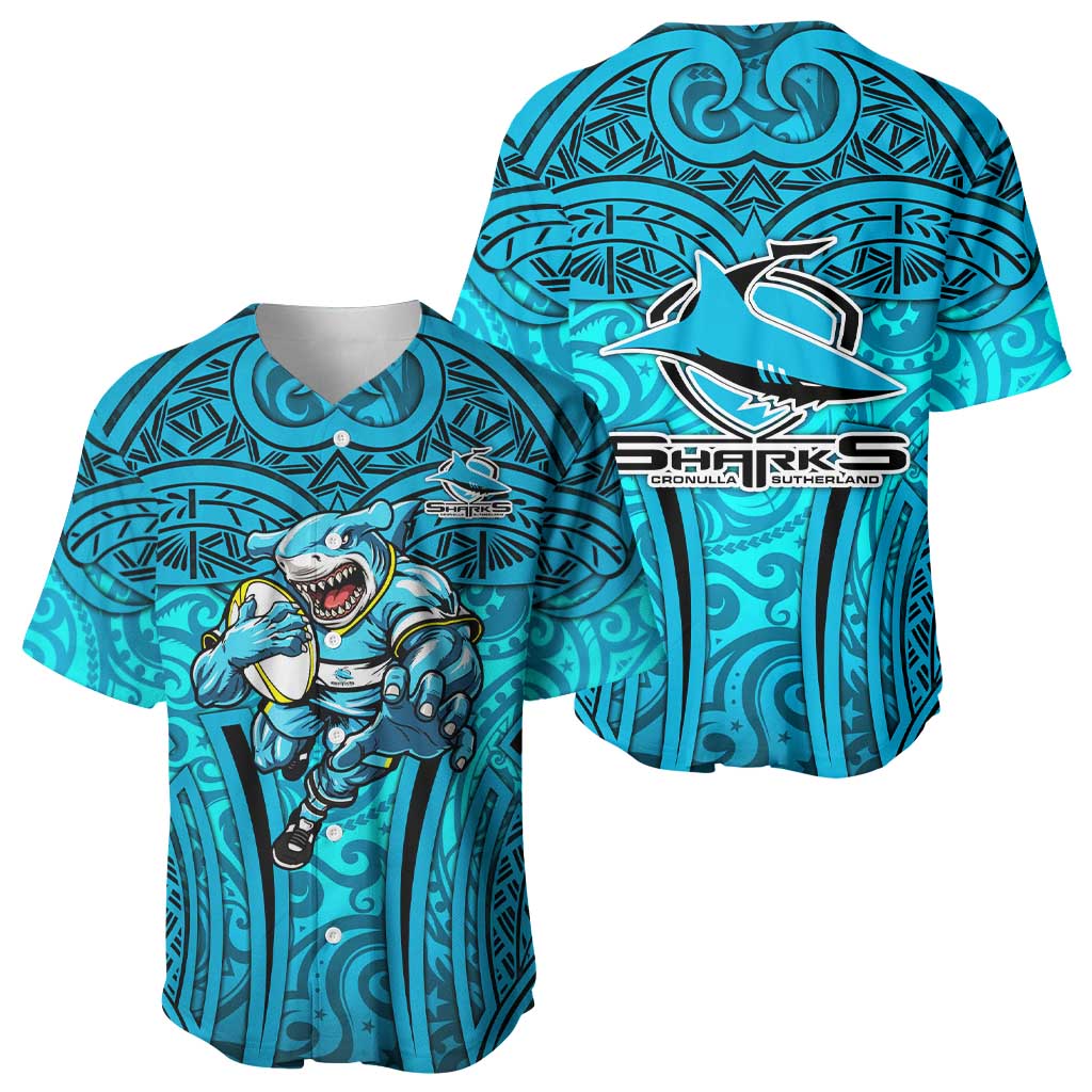 Cronulla Sutherland Sharks Rugby Baseball Jersey Polynesian Tribal Shark Warrior Ocean Blue Pattern