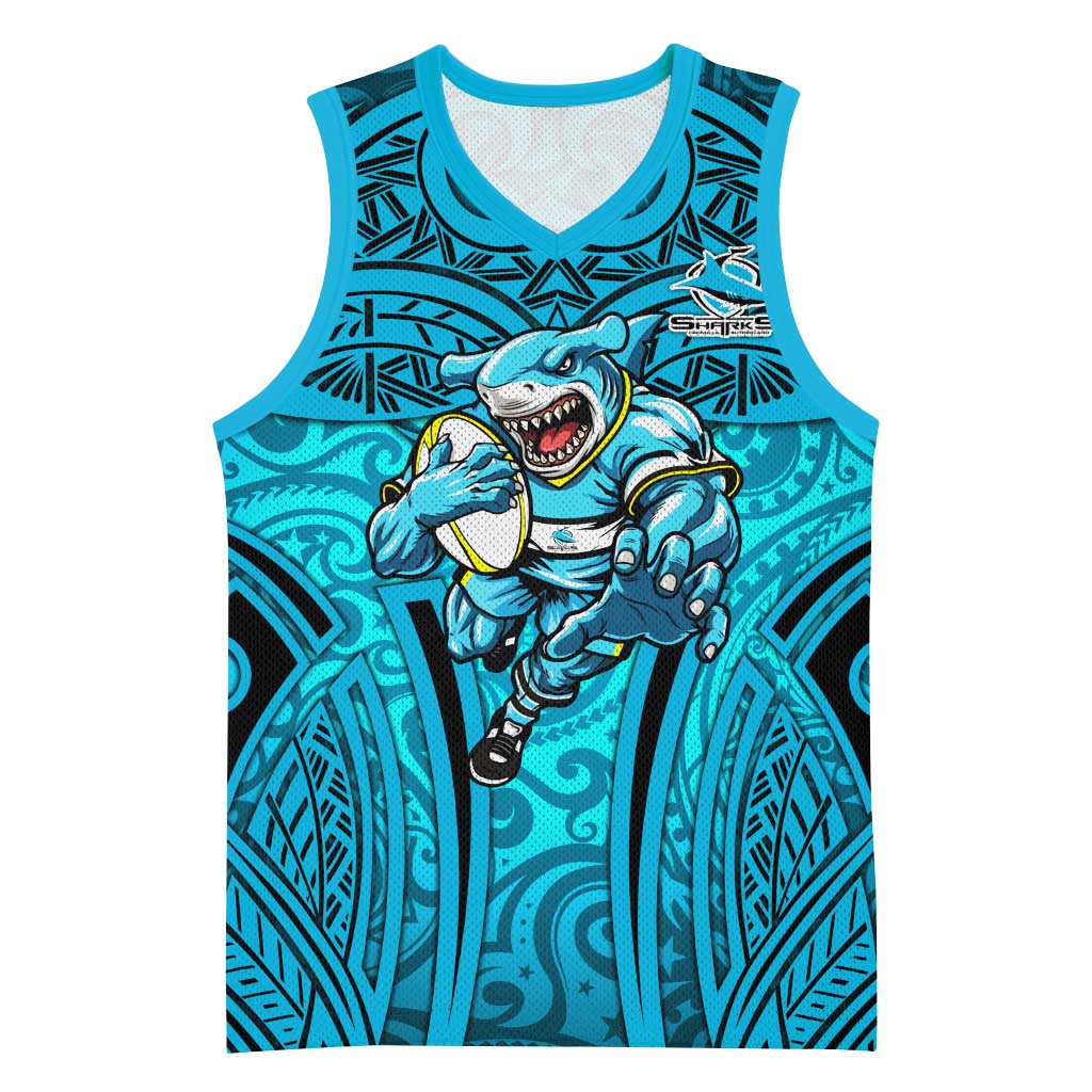 Cronulla Sutherland Sharks Rugby Basketball Jersey Polynesian Tribal Shark Warrior Ocean Blue Pattern
