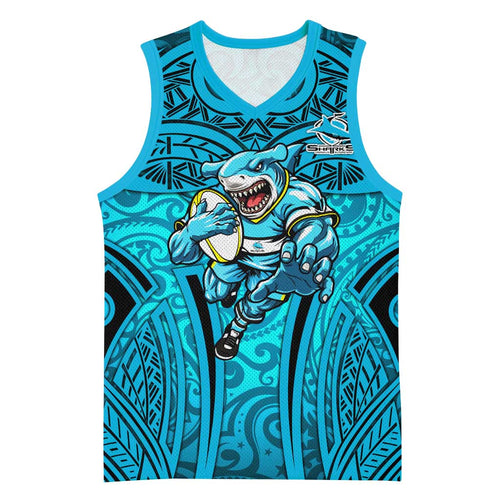 Cronulla Sutherland Sharks Rugby Basketball Jersey Polynesian Tribal Shark Warrior Ocean Blue Pattern
