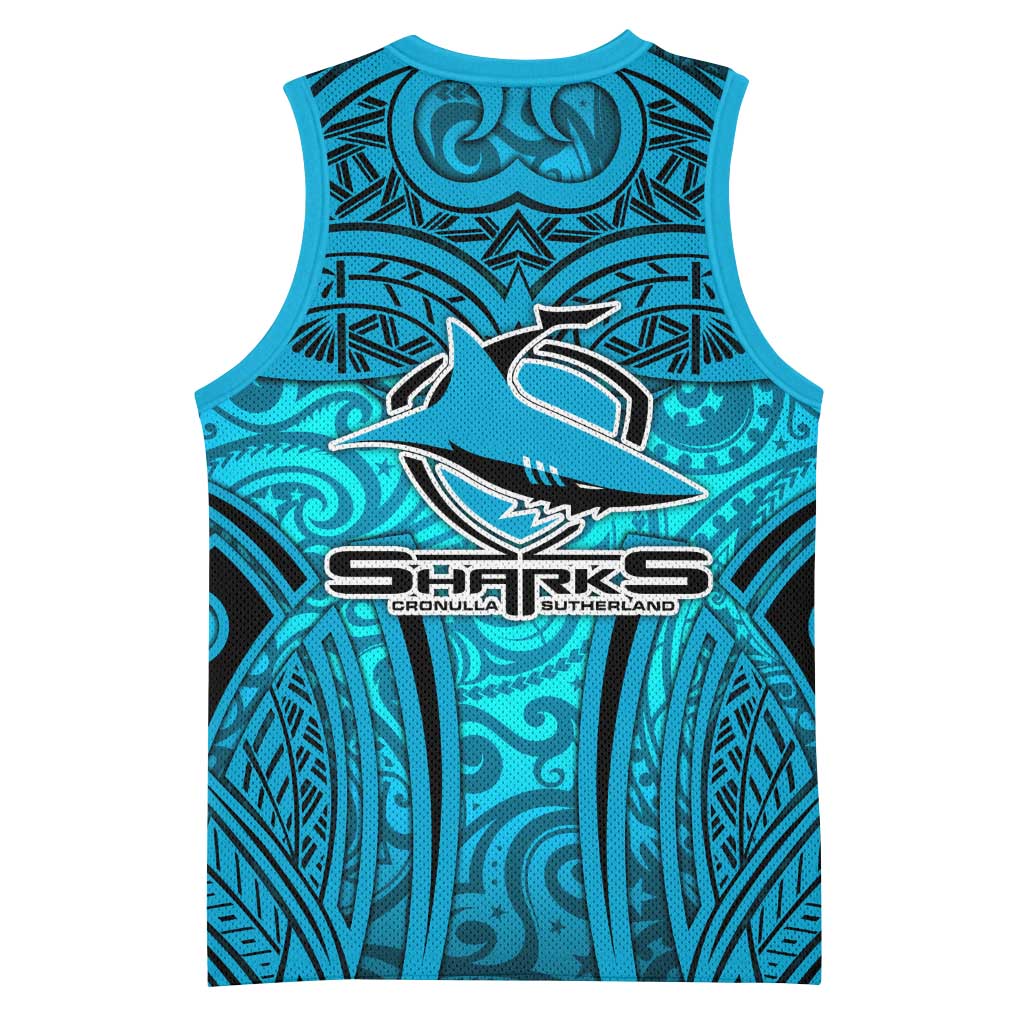 Cronulla Sutherland Sharks Rugby Basketball Jersey Polynesian Tribal Shark Warrior Ocean Blue Pattern