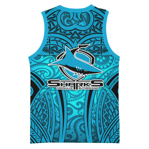 Cronulla Sutherland Sharks Rugby Basketball Jersey Polynesian Tribal Shark Warrior Ocean Blue Pattern