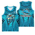 Cronulla Sutherland Sharks Rugby Basketball Jersey Polynesian Tribal Shark Warrior Ocean Blue Pattern