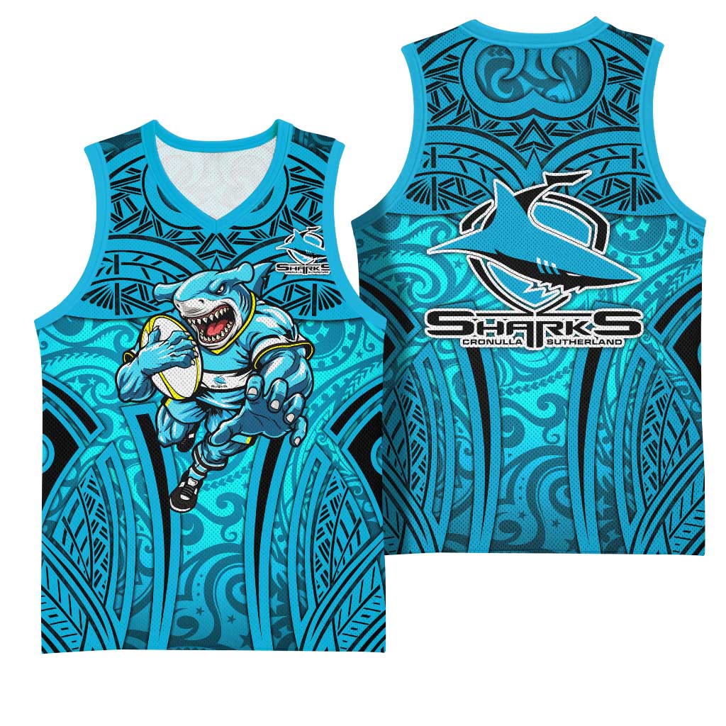 Cronulla Sutherland Sharks Rugby Basketball Jersey Polynesian Tribal Shark Warrior Ocean Blue Pattern