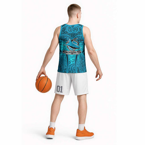 Cronulla Sutherland Sharks Rugby Basketball Jersey Polynesian Tribal Shark Warrior Ocean Blue Pattern