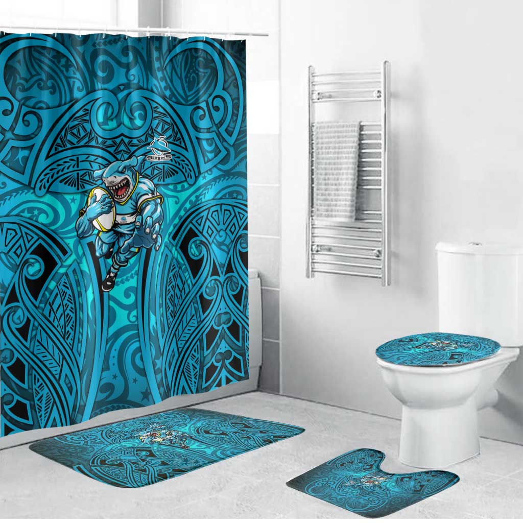 Cronulla Sutherland Sharks Rugby Bathroom Set Polynesian Tribal Shark Warrior Ocean Blue Pattern