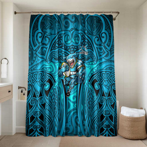 Cronulla Sutherland Sharks Rugby Bathroom Set Polynesian Tribal Shark Warrior Ocean Blue Pattern