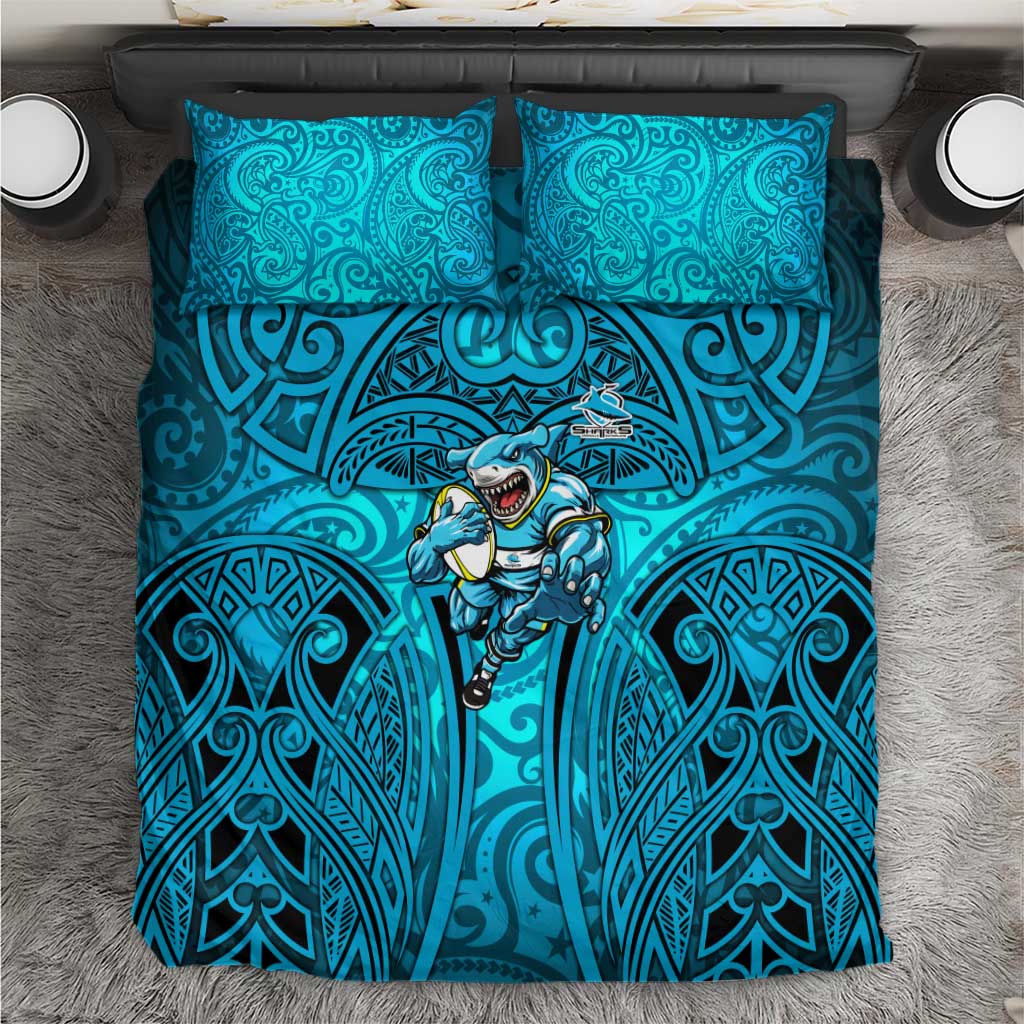 Cronulla Sutherland Sharks Rugby Bedding Set Polynesian Tribal Shark Warrior Ocean Blue Pattern