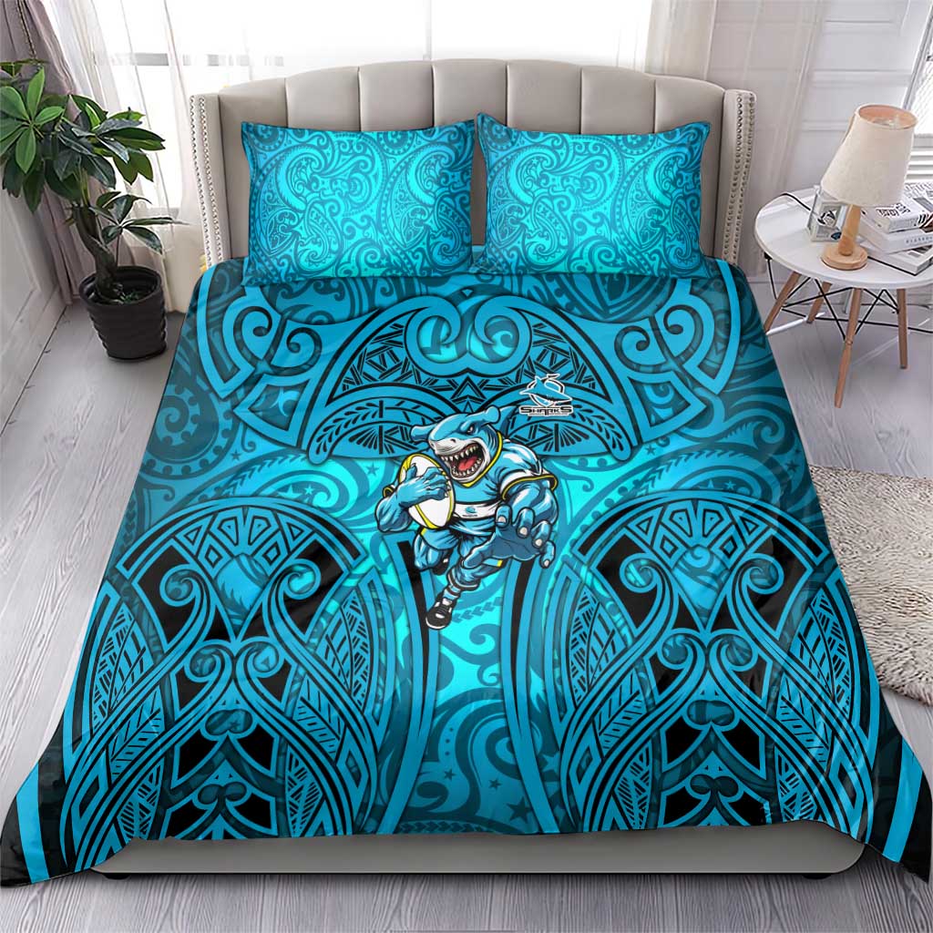 Cronulla Sutherland Sharks Rugby Bedding Set Polynesian Tribal Shark Warrior Ocean Blue Pattern