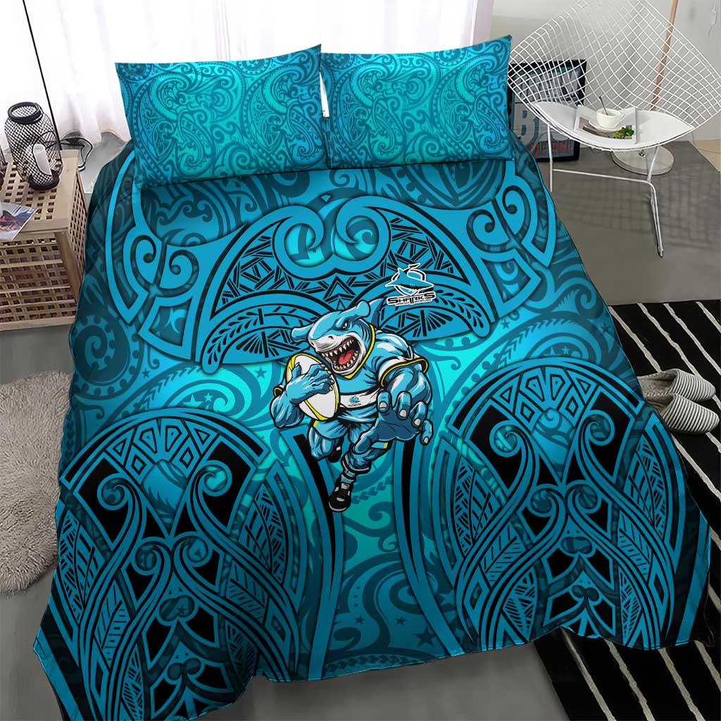 Cronulla Sutherland Sharks Rugby Bedding Set Polynesian Tribal Shark Warrior Ocean Blue Pattern