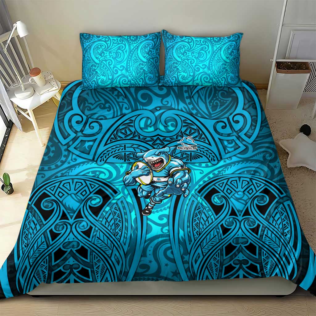 Cronulla Sutherland Sharks Rugby Bedding Set Polynesian Tribal Shark Warrior Ocean Blue Pattern