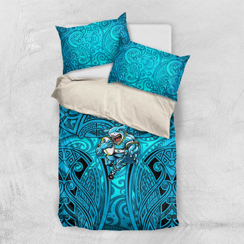 Cronulla Sutherland Sharks Rugby Bedding Set Polynesian Tribal Shark Warrior Ocean Blue Pattern