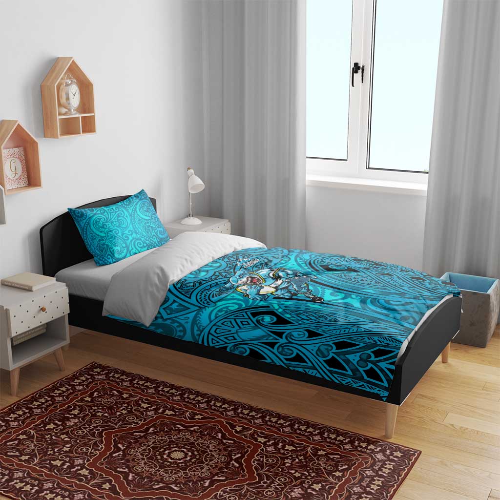 Cronulla Sutherland Sharks Rugby Bedding Set Polynesian Tribal Shark Warrior Ocean Blue Pattern