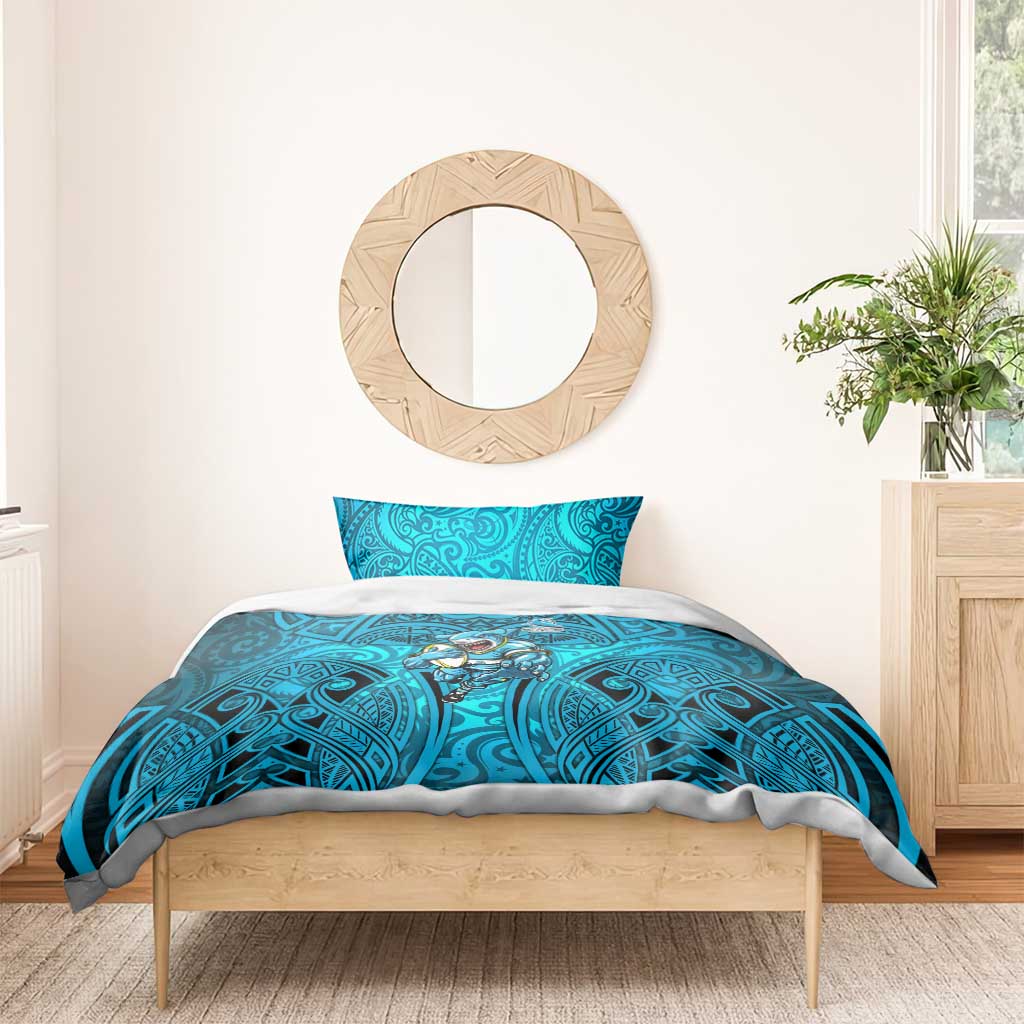 Cronulla Sutherland Sharks Rugby Bedding Set Polynesian Tribal Shark Warrior Ocean Blue Pattern