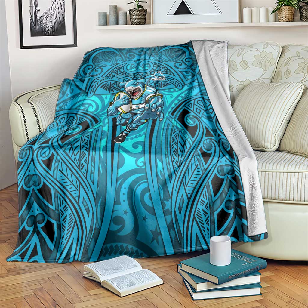 Cronulla Sutherland Sharks Rugby Blanket Polynesian Tribal Shark Warrior Ocean Blue Pattern
