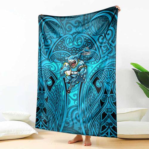 Cronulla Sutherland Sharks Rugby Blanket Polynesian Tribal Shark Warrior Ocean Blue Pattern