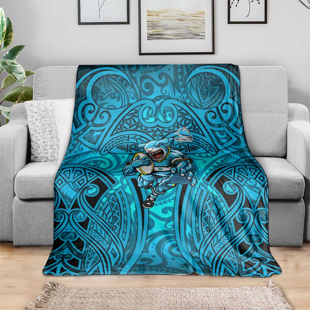 Cronulla Sutherland Sharks Rugby Blanket Polynesian Tribal Shark Warrior Ocean Blue Pattern