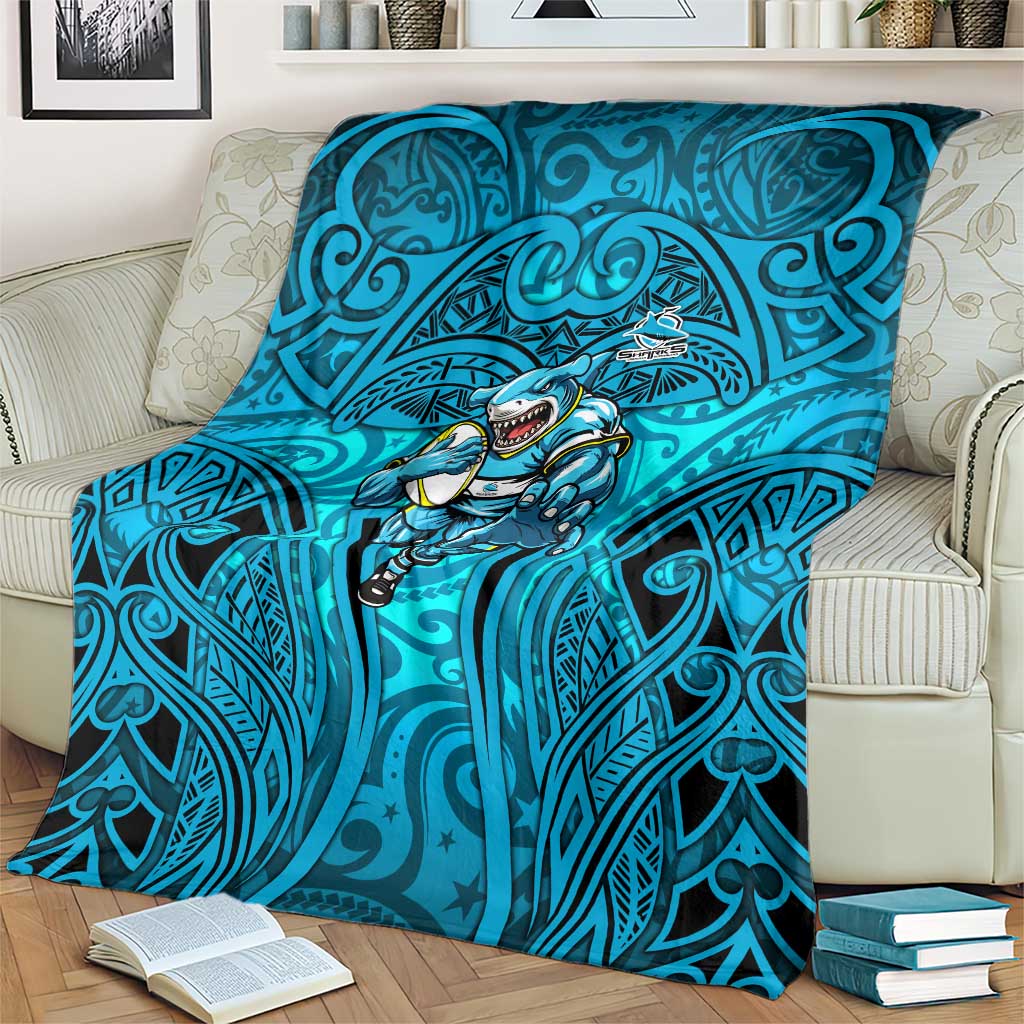 Cronulla Sutherland Sharks Rugby Blanket Polynesian Tribal Shark Warrior Ocean Blue Pattern
