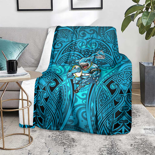 Cronulla Sutherland Sharks Rugby Blanket Polynesian Tribal Shark Warrior Ocean Blue Pattern
