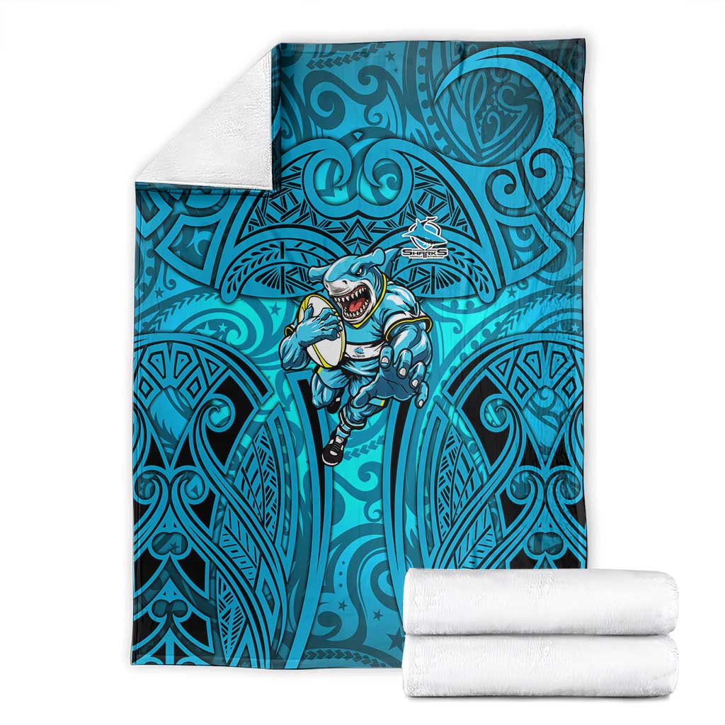 Cronulla Sutherland Sharks Rugby Blanket Polynesian Tribal Shark Warrior Ocean Blue Pattern