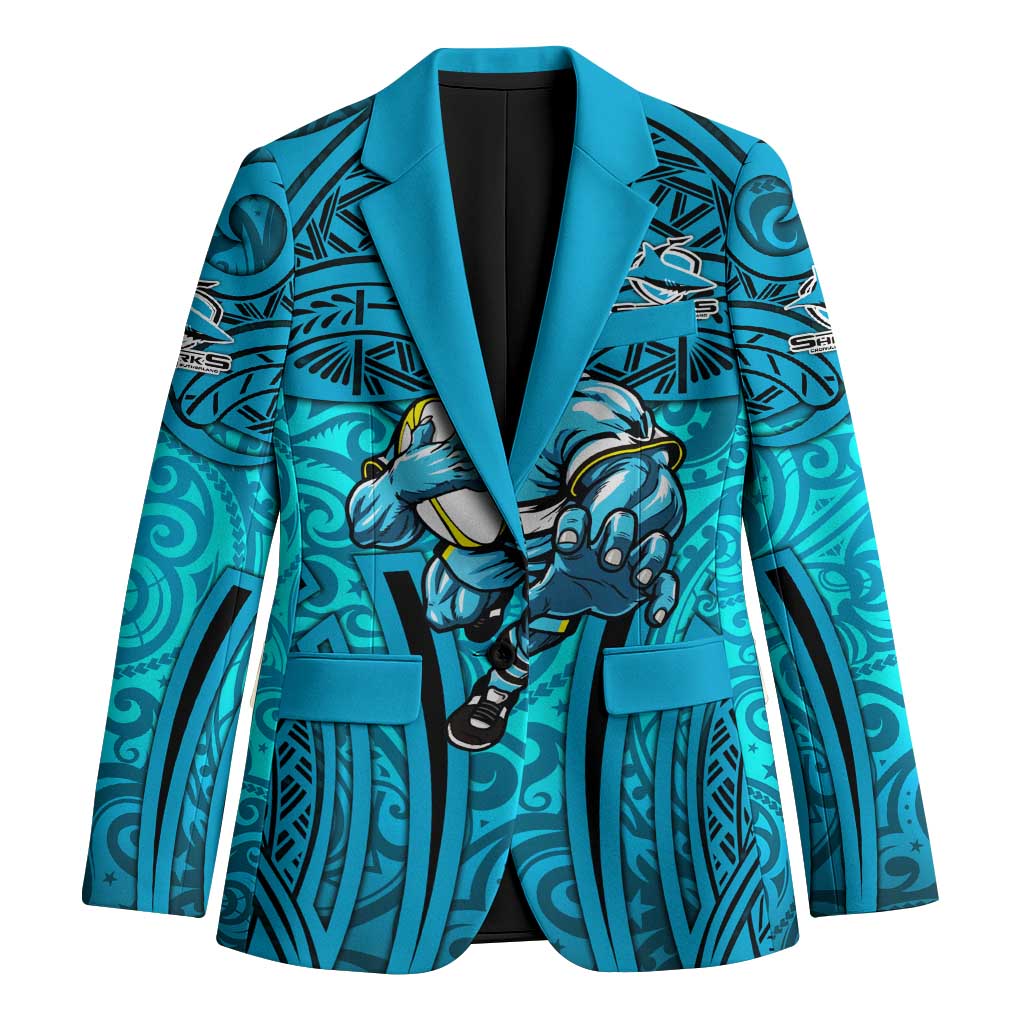 Cronulla Sutherland Sharks Rugby Blazer Polynesian Tribal Shark Warrior Ocean Blue Pattern