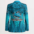 Cronulla Sutherland Sharks Rugby Blazer Polynesian Tribal Shark Warrior Ocean Blue Pattern