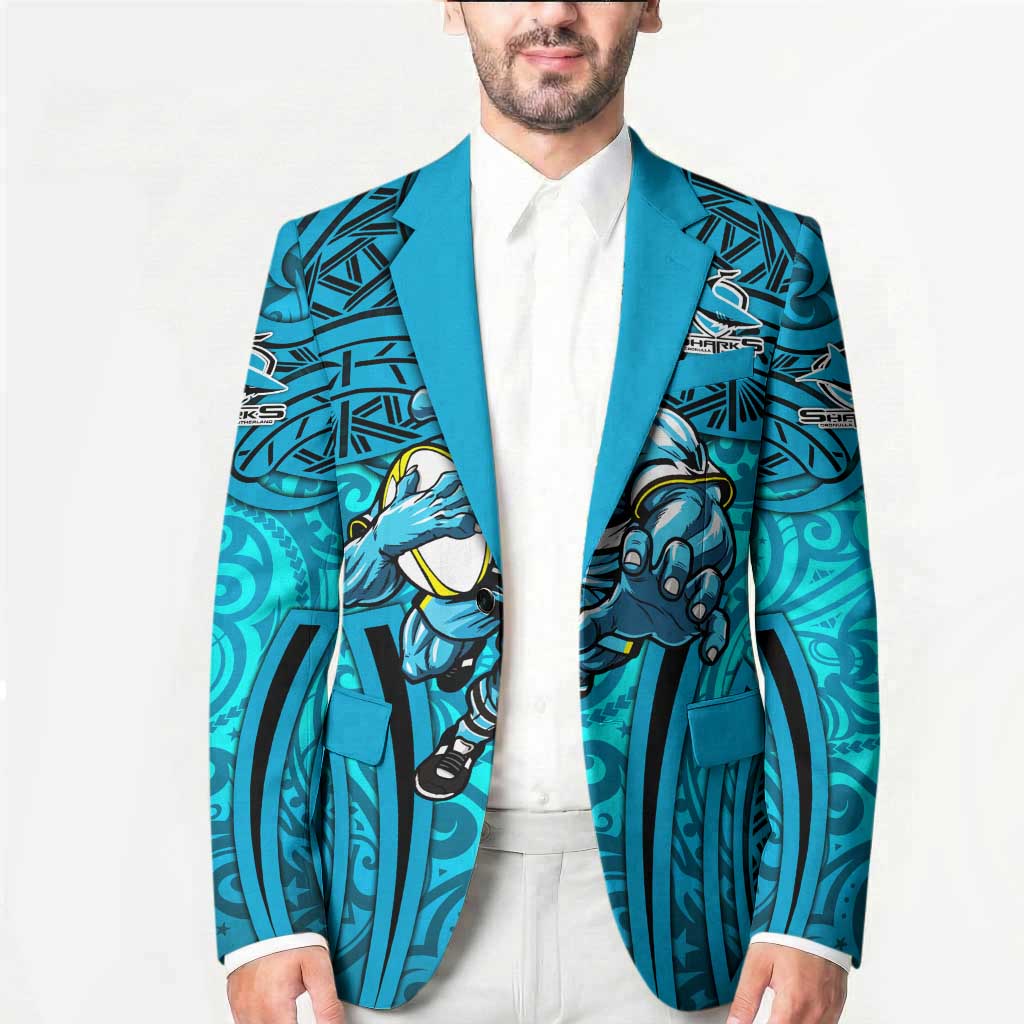 Cronulla Sutherland Sharks Rugby Blazer Polynesian Tribal Shark Warrior Ocean Blue Pattern