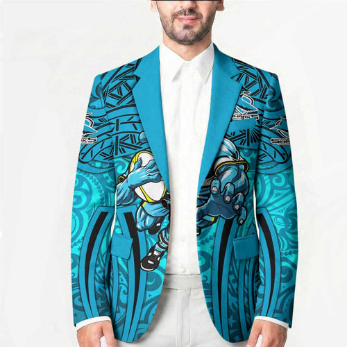 Cronulla Sutherland Sharks Rugby Blazer Polynesian Tribal Shark Warrior Ocean Blue Pattern