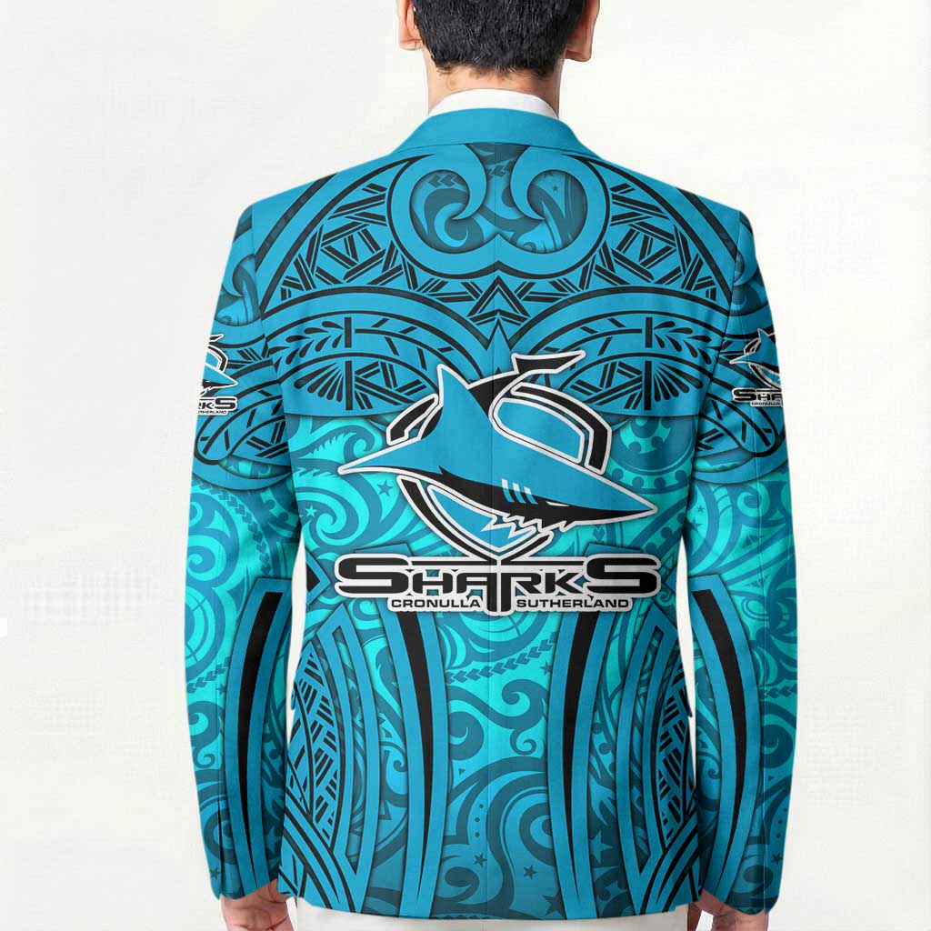 Cronulla Sutherland Sharks Rugby Blazer Polynesian Tribal Shark Warrior Ocean Blue Pattern