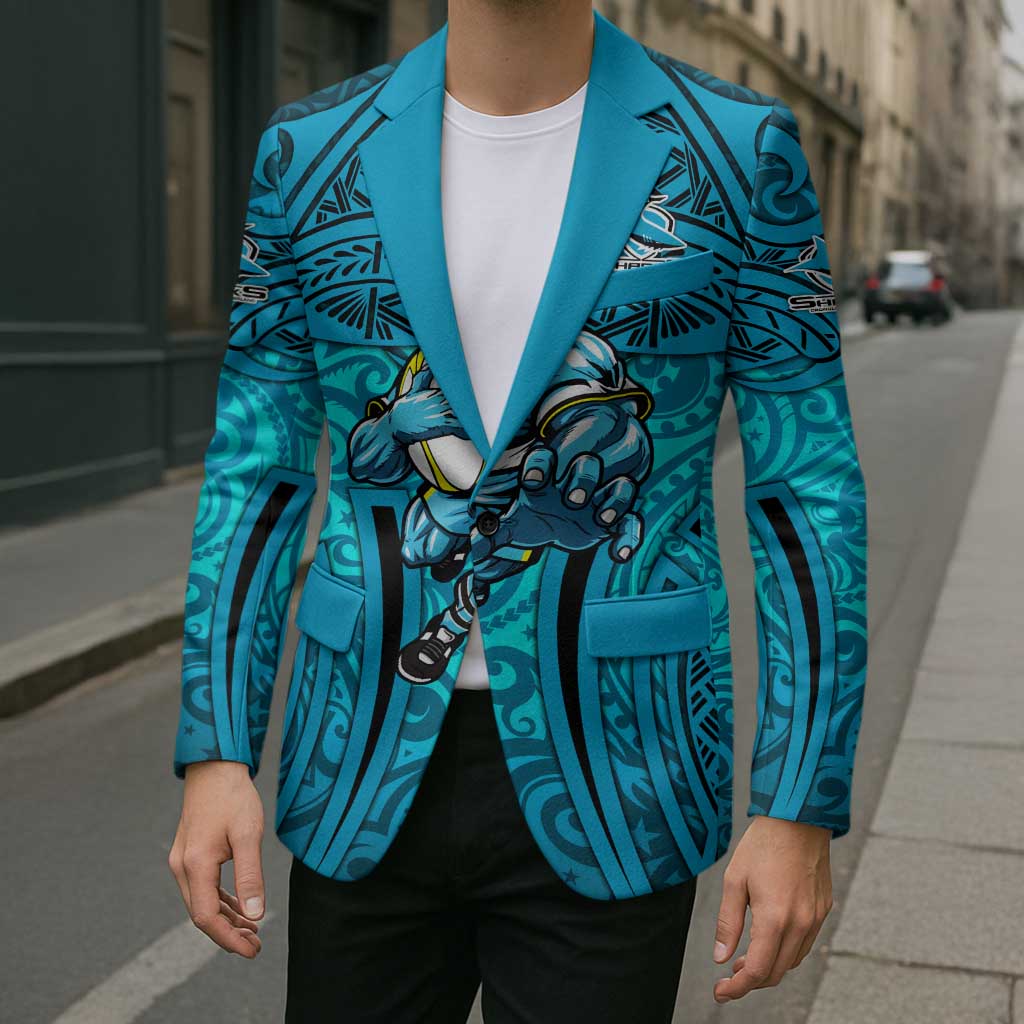 Cronulla Sutherland Sharks Rugby Blazer Polynesian Tribal Shark Warrior Ocean Blue Pattern