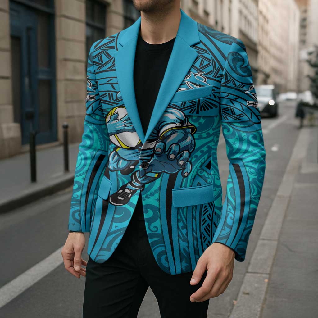 Cronulla Sutherland Sharks Rugby Blazer Polynesian Tribal Shark Warrior Ocean Blue Pattern