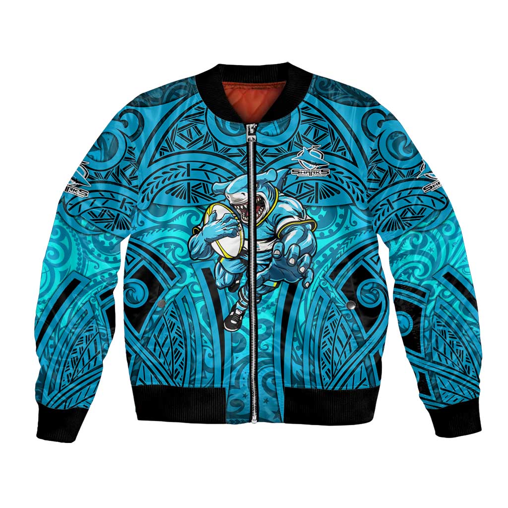Cronulla Sutherland Sharks Rugby Bomber Jacket Polynesian Tribal Shark Warrior Ocean Blue Pattern