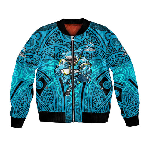 Cronulla Sutherland Sharks Rugby Bomber Jacket Polynesian Tribal Shark Warrior Ocean Blue Pattern