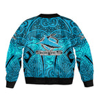 Cronulla Sutherland Sharks Rugby Bomber Jacket Polynesian Tribal Shark Warrior Ocean Blue Pattern